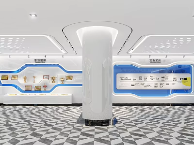 Modern Exhibition Hall Interior With White Column Blue Display Areas Trophies And Geometric Floor Tiles 3d model