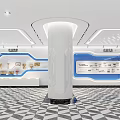 Modern Exhibition Hall Interior With White Column Blue Display Areas Trophies And Geometric Floor Tiles