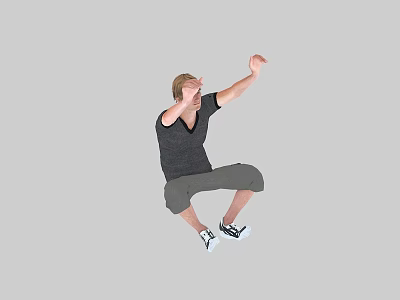 Man Jumping On Gray Background Wearing Black T-Shirt Gray Shorts And Black And White Sneakers 3d model