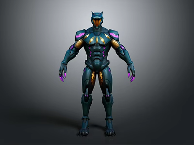 Game Movie Character 3D Model With Detailed Futuristic Armor Blue Purple Accents And Sharp Claws 3d model