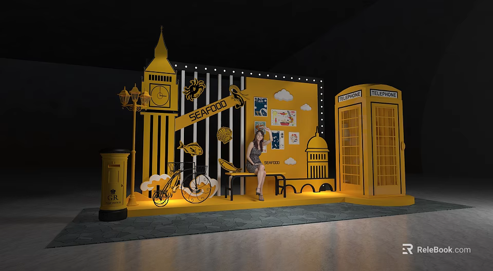 London Themed Exhibition Booth With Big Ben Yellow Phone Booth And Decorative Elements 3d model 