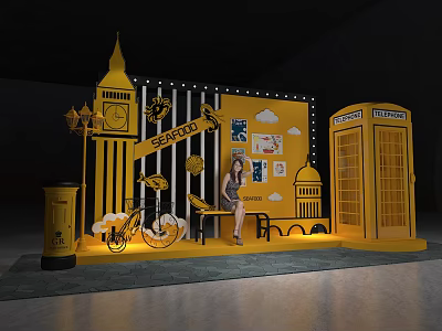 London Themed Exhibition Booth With Big Ben Yellow Phone Booth And Decorative Elements 3d model