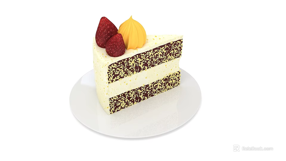 Delicious Two Layer Cake with Strawberries Yellow Cream and Chocolate Crumbs on White Plate 3d model 