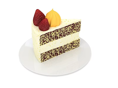 Delicious Two Layer Cake with Strawberries Yellow Cream and Chocolate Crumbs on White Plate 3d model