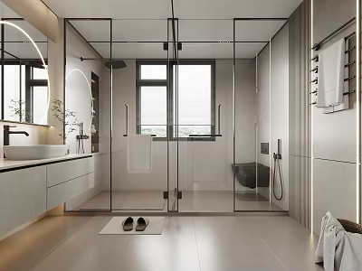 Modern Bathroom Interior Featuring Glass Shower Large Window And Sink 3d model