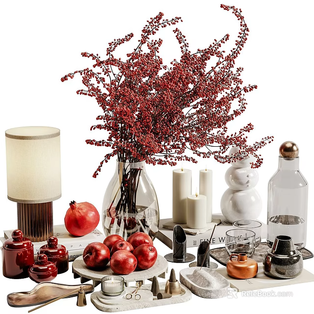 Warm Decorative Ornament Set With Red Berries Glass Vase Table Lamp And Pomegranates 3d model 