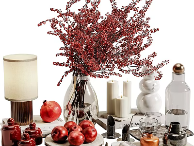 Warm Decorative Ornament Set With Red Berries Glass Vase Table Lamp And Pomegranates 3d model