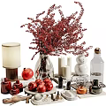 Warm Decorative Ornament Set With Red Berries Glass Vase Table Lamp And Pomegranates