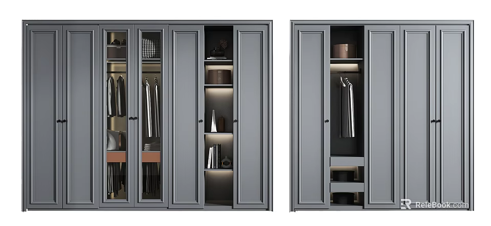 Modern Gray Wardrobe Interior Design With Storage Compartments Hanging Space And Shelves 3d model 