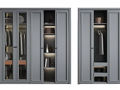 Modern Gray Wardrobe Interior Design With Storage Compartments Hanging Space And Shelves 3d model