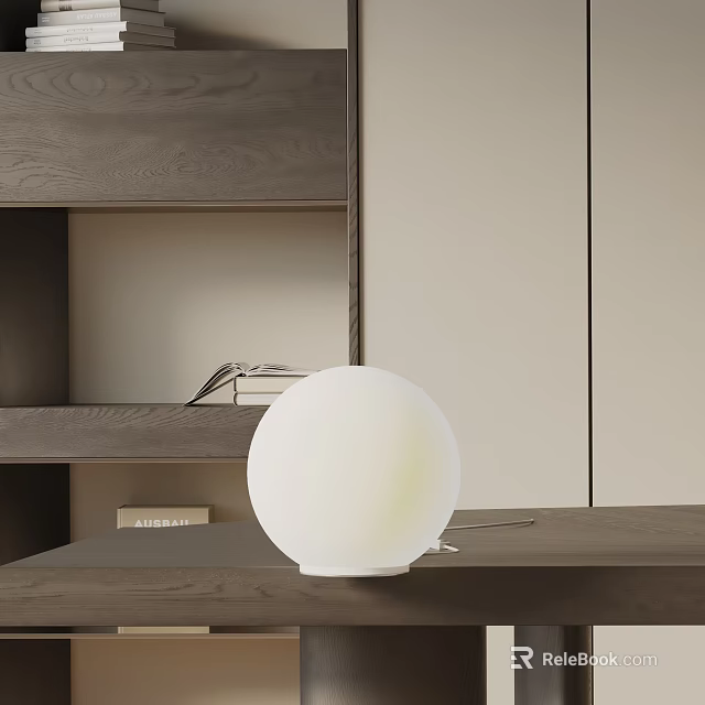 Modern White Spherical Table Lamp On Wooden Desk With Bookshelf And Decorative Books 3d model 