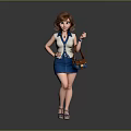 Stylish 3D Female Character With Brown Short Hair White Top Blue Vest Skirt And Handbag