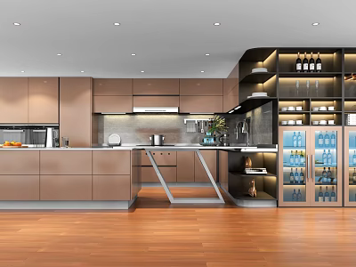 Modern Open Kitchen Interior Design With Island Counter Cabinets And Wooden Flooring 3d model