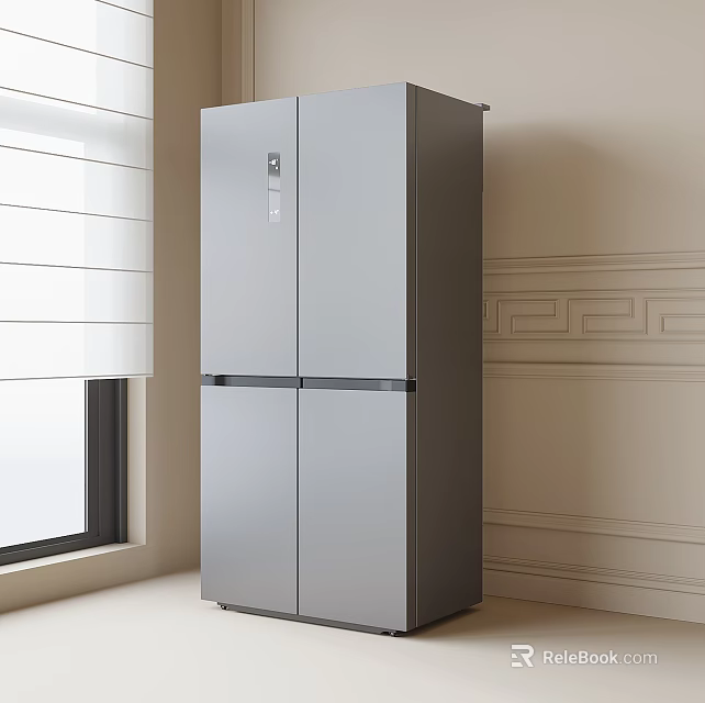 Modern Gray Refrigerator Freezer In Interior With Window Blinds And Decorative Wall 3d model 