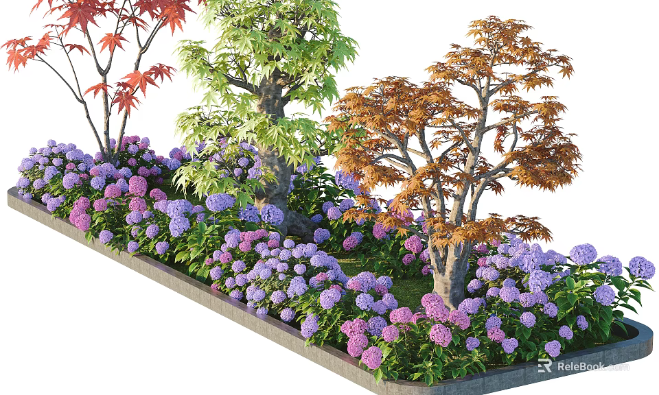 Colorful Garden Bed With Purple Pink Hydrangeas And Red Green Orange Trees 3d model 