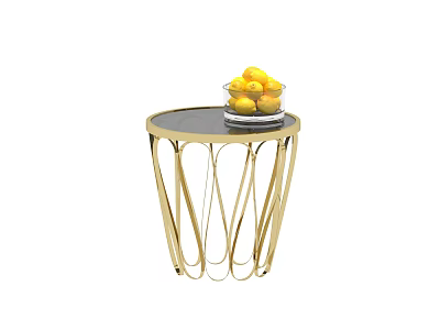 Round Side Table with Golden Curved Legs Black Tabletop and White Bowl of Yellow Lemons 3d model