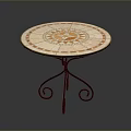 Round Dining Table with Tile Top Orange White Pattern and Metal Curved Base 3d model