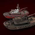 Two Distinct Boats Red Tugboat And Dark Old Vessel With Crane And Lifebuoys