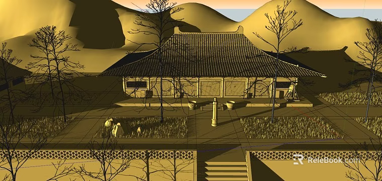 Traditional Ancient Architecture With Tile Roof Courtyard Trees And Stone Steps 3d model 