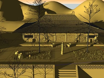 Traditional Ancient Architecture With Tile Roof Courtyard Trees And Stone Steps 3d model