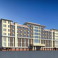 Classic Multi Story Office Building With Red Tile Roof Symmetric Window Design And Entrance Canopy