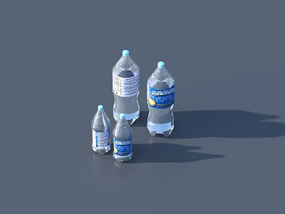 Transparent Plastic Bottles With Blue Labels In Different Sizes On Gray Background 3d model