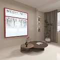 Stylish Round Coffee Table with Books Potted Plant and Red Frame Wall Painting Near Window
