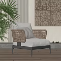 Modern Single Sofa With Rattan Armrests White Fabric Cushion Palm Plant And Decorative Wall Panel