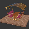Functional Outdoor Table With Red Metal Frame Transparent Canopy And Benches On Brick Paved Floor