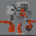 Industrial Equipment With Robotic Arms And Material Blocks In Production Line