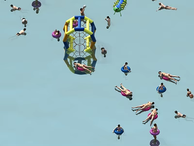 People Enjoying Water Activities With Large Inflatable Structure And Swimming Rings 3d model