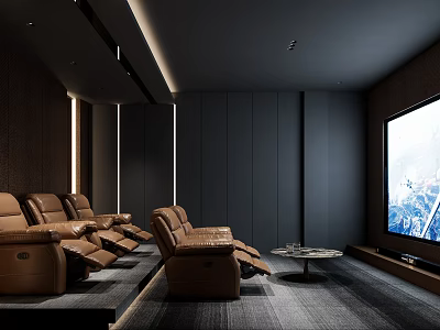 Modern Home Theater Interior With Brown Leather Recliners Coffee Table And Large Screen 3d model
