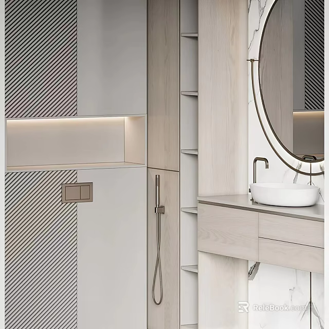 Modern Bathroom Interior With Striped Wall Round Mirror White Sink And Light Wood Cabinetry 3d model 