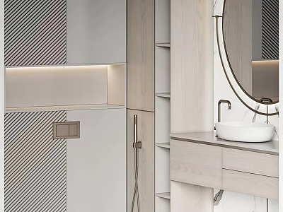 Modern Bathroom Interior With Striped Wall Round Mirror White Sink And Light Wood Cabinetry 3d model