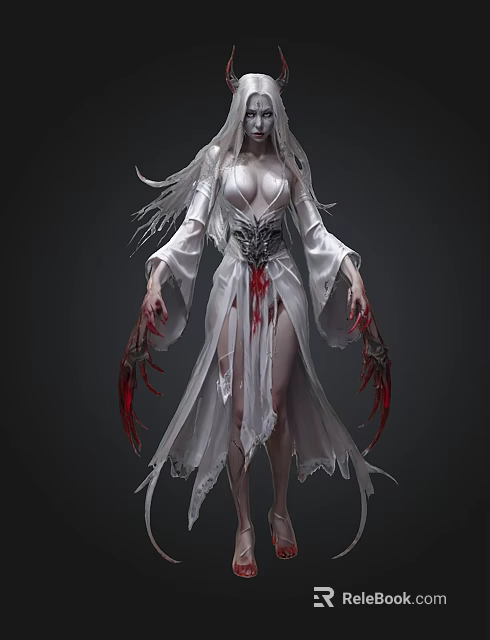 Dark Fantasy Female Character With Long White Hair And Red Clawed Hands In White Dress 3d model 