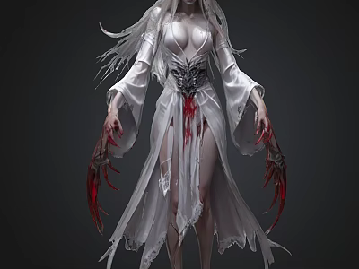 Dark Fantasy Female Character With Long White Hair And Red Clawed Hands In White Dress 3d model