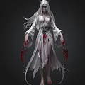 Dark Fantasy Female Character With Long White Hair And Red Clawed Hands In White Dress