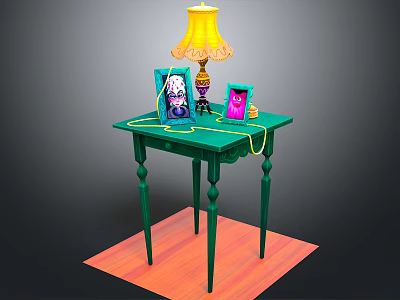 Decorative Green Table With Yellow Lamp Photo Frames On Orange Rug 3d model