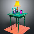 Decorative Green Table With Yellow Lamp Photo Frames On Orange Rug