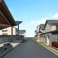 Public Building With Large Sloped Wooden Roof Open Area Grass Road Blue Sky White Clouds