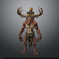Mythical Fantasy Creature Character With Red Skin Muscular Body Antlers Flame Decor And Beast Legs