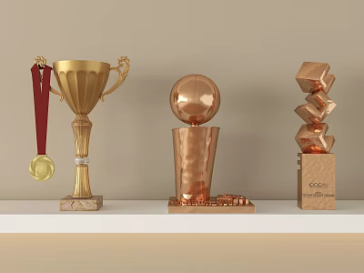 Elegant Golden Copper Trophies With Spherical Shape Red Ribbon And Marble Base 3d model
