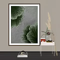 Interior Decor With Green Gold Leaf Painting Gray Background White Side Table And Dried Plants