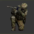 Game Movie Character In Camouflage Uniform With Helmet Kneeling On One Knee Holding Colorful Rifle