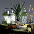 Bathroom Accessories Set with Liquid Soap Bottles Aloe Vera Plant Reed Diffuser and Green Towel