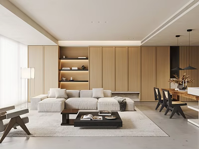 Modern Minimalist Open Living Dining Area With Wooden Storage Cozy Sofa And Dining Table 3d model