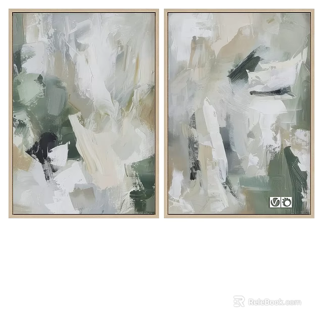 Abstract Modern Oil Paintings With Green White Beige Brushstroke Design And Framed Panels 3d model 