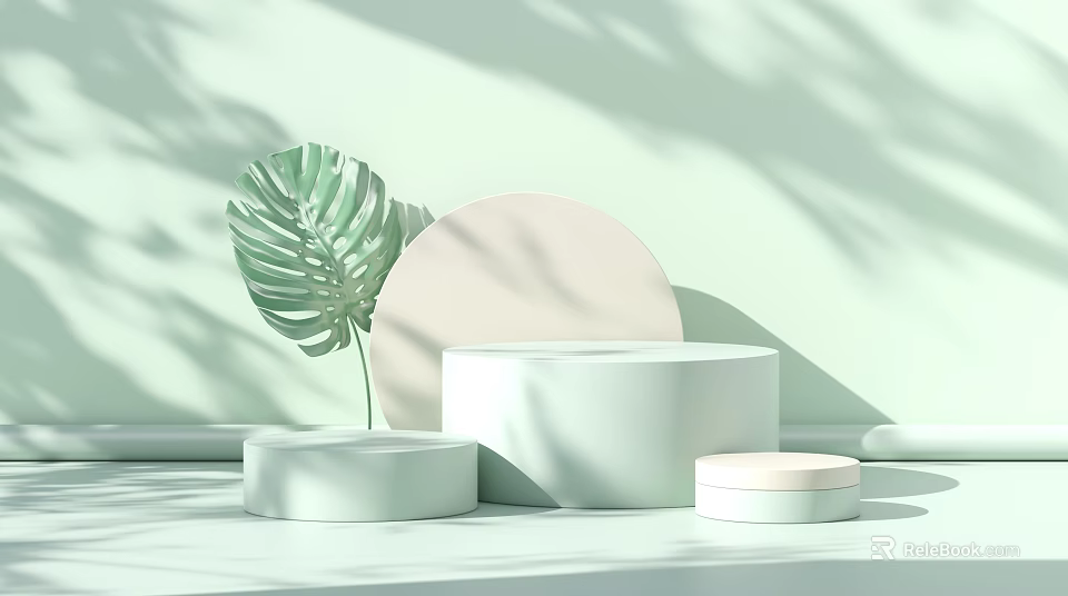 Light Green Background With Monstera Leaf And Circular Pedestals Display Setup 3d model