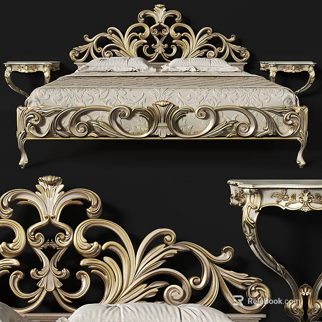 Ornate Golden Carved Double Bed With Intricate Headboard And Matching Nightstands 3d model 