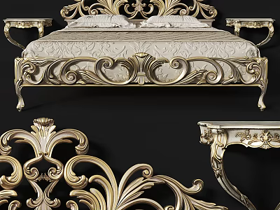 Ornate Golden Carved Double Bed With Intricate Headboard And Matching Nightstands 3d model